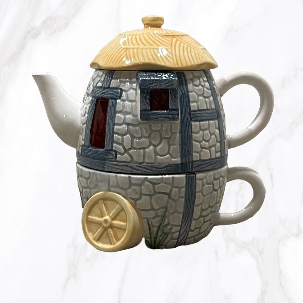 Ceramic Stackable Blue & Gray Cottage Themed 3 Piece Individual Teapot & Cup Set